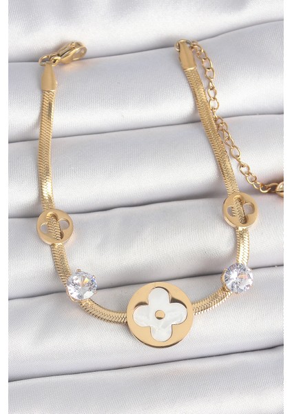 316L Çelik Renk Italyan Zincir Beyaz Mineli Yonca Zirkon Taş Detaylı Kadın Bileklik