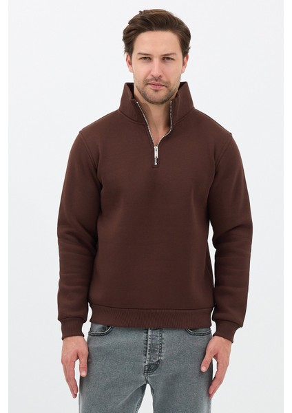 Unisex Regular Fit Pamuklu Dik Yaka Yarım Fermuarlı Sweatshirt Kahverengi - M