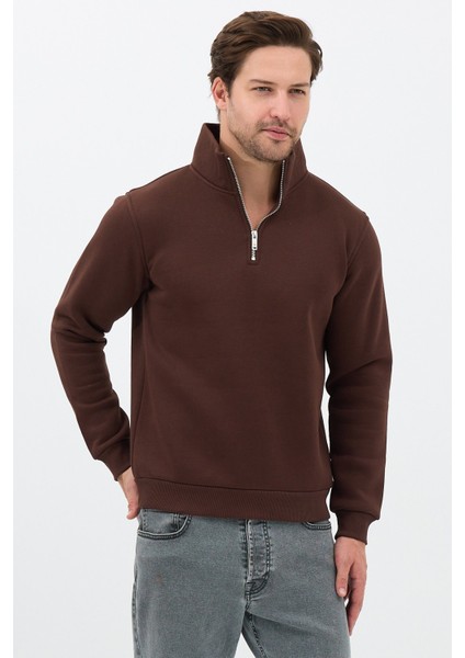 Unisex Regular Fit Pamuklu Dik Yaka Yarım Fermuarlı Sweatshirt Kahverengi - M fiyatları