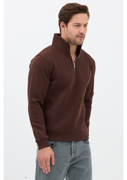 Unisex Regular Fit Pamuklu Dik Yaka Yarım Fermuarlı Sweatshirt Kahverengi - M modelleri