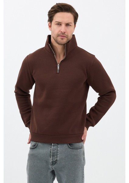Unisex Regular Fit Pamuklu Dik Yaka Yarım Fermuarlı Sweatshirt Kahverengi - M fırsatları
