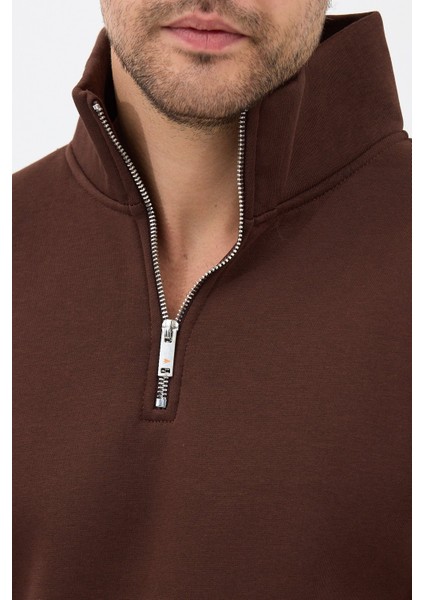 Unisex Regular Fit Pamuklu Dik Yaka Yarım Fermuarlı Sweatshirt Kahverengi - M