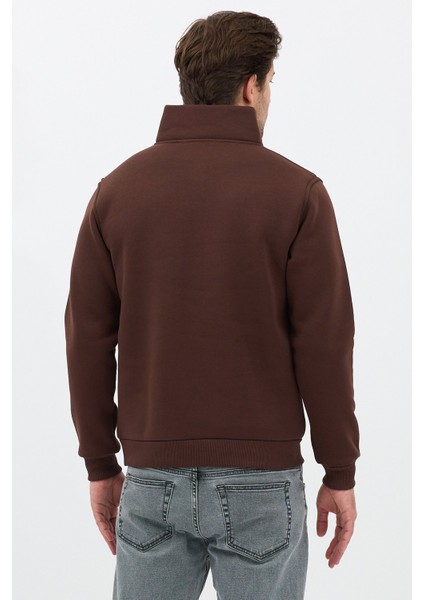 Unisex Regular Fit Pamuklu Dik Yaka Yarım Fermuarlı Sweatshirt Kahverengi - M