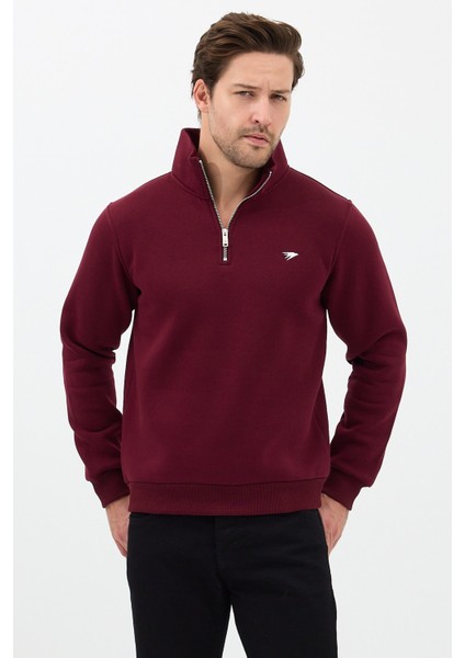 Regular Fit Dik Yaka Pamuklu Unisex Yarım Fermuarlı Nakışlı Sweatshirt Bordo - 2xl