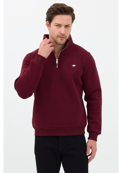 Regular Fit Dik Yaka Pamuklu Unisex Yarım Fermuarlı Nakışlı Sweatshirt Bordo - 2xl fırsatları