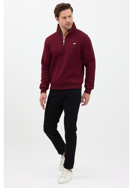 Regular Fit Dik Yaka Pamuklu Unisex Yarım Fermuarlı Nakışlı Sweatshirt Bordo - 2xl indirimleri