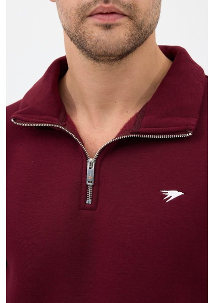 Regular Fit Dik Yaka Pamuklu Unisex Yarım Fermuarlı Nakışlı Sweatshirt Bordo - 2xl