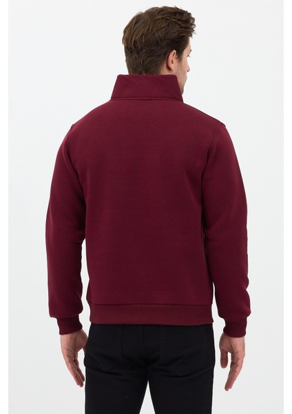 Regular Fit Dik Yaka Pamuklu Unisex Yarım Fermuarlı Nakışlı Sweatshirt Bordo - 2xl