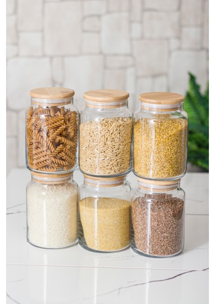 6 Lı Set Bambu Kapaklı Cam Kavanoz & Erzak Saklama Kabı 800 ml Orta Boy ( Vakum Kapak ) fiyatları