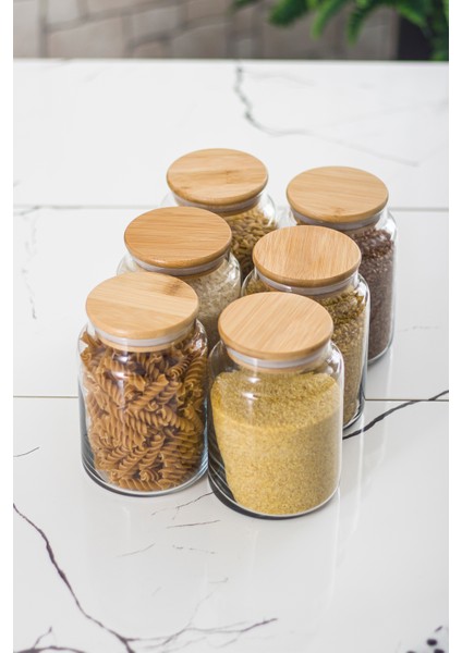 6 Lı Set Bambu Kapaklı Cam Kavanoz & Erzak Saklama Kabı 800 ml Orta Boy ( Vakum Kapak ) indirimleri