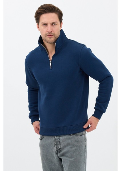 Unisex Regular Fit Pamuklu Dik Yaka Yarım Fermuarlı Sweatshirt Lacivert - Xl