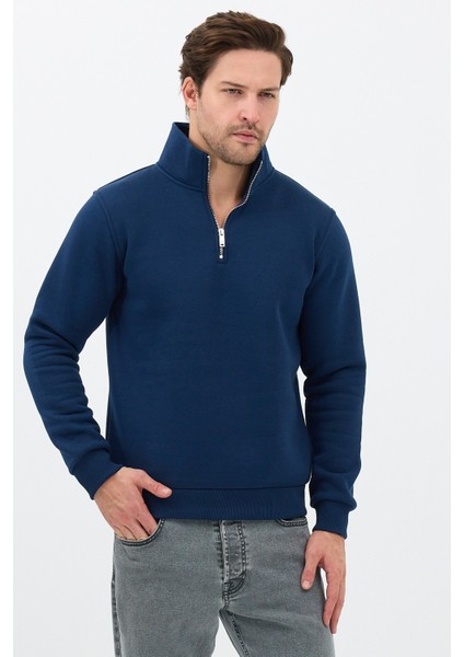 Unisex Regular Fit Pamuklu Dik Yaka Yarım Fermuarlı Sweatshirt Lacivert - Xl modelleri