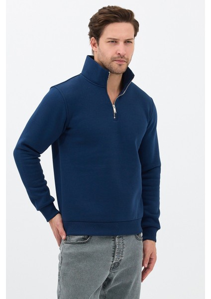 Unisex Regular Fit Pamuklu Dik Yaka Yarım Fermuarlı Sweatshirt Lacivert - Xl fırsatları