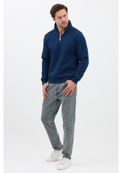 Unisex Regular Fit Pamuklu Dik Yaka Yarım Fermuarlı Sweatshirt Lacivert - Xl indirimleri