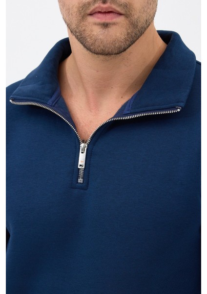 Unisex Regular Fit Pamuklu Dik Yaka Yarım Fermuarlı Sweatshirt Lacivert - Xl