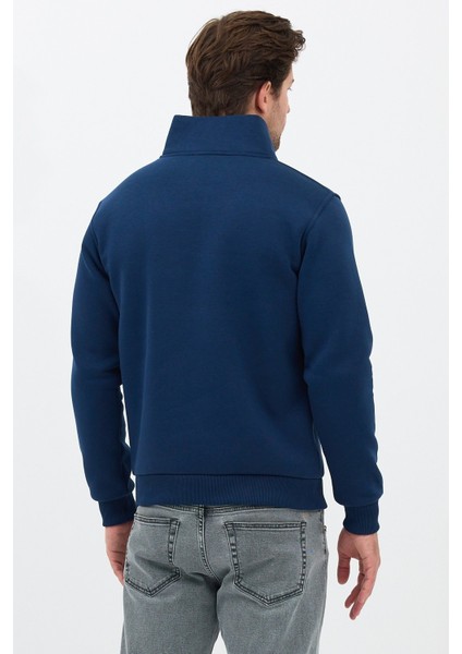 Unisex Regular Fit Pamuklu Dik Yaka Yarım Fermuarlı Sweatshirt Lacivert - Xl
