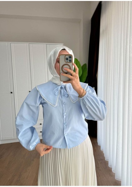 Kadın Etek Üstü Bebe Yaka Incili Bebe Mavisi Gömlek