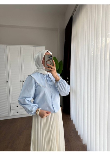 Kadın Etek Üstü Bebe Yaka Incili Bebe Mavisi Gömlek fiyatları