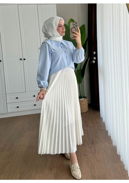 Kadın Etek Üstü Bebe Yaka Incili Bebe Mavisi Gömlek modelleri