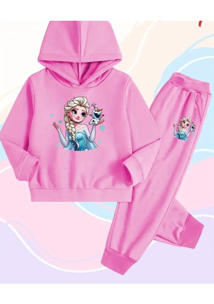 Punıx Kıds Özel Seri Elsa Baskılı Kapüşonlu Kalın 3 Iplik Kışlık Kız Çocuk Eşofman Takımı