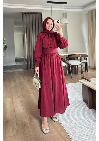 Balon Kol Bel Büzgülü Etekli Şık Tesettür Takım - Bordo