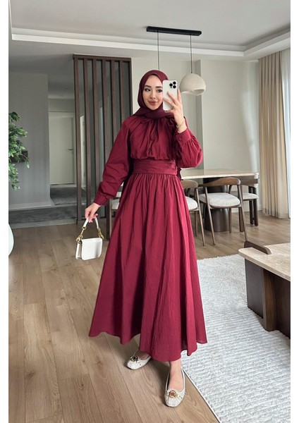 Balon Kol Bel Büzgülü Etekli Şık Tesettür Takım - Bordo fiyatları