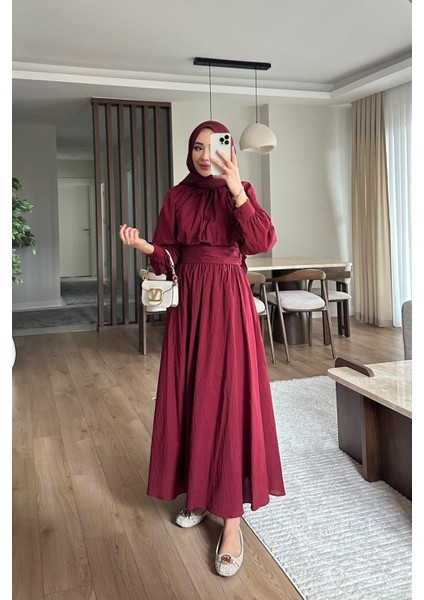Balon Kol Bel Büzgülü Etekli Şık Tesettür Takım - Bordo modelleri