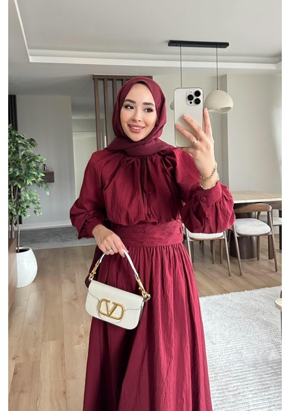 Balon Kol Bel Büzgülü Etekli Şık Tesettür Takım - Bordo fırsatları