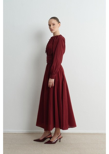 Balon Kol Bel Büzgülü Etekli Şık Tesettür Takım - Bordo indirimleri