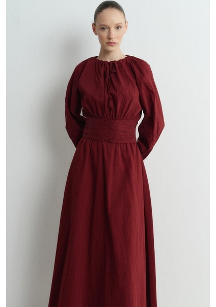 Balon Kol Bel Büzgülü Etekli Şık Tesettür Takım - Bordo