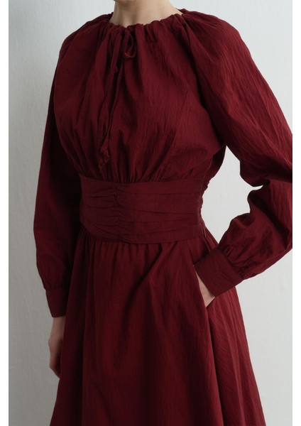 Balon Kol Bel Büzgülü Etekli Şık Tesettür Takım - Bordo