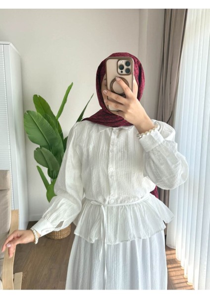 Kadın Fırfır Gömlekli Etekli Takım M2512 - Beyaz fırsatları