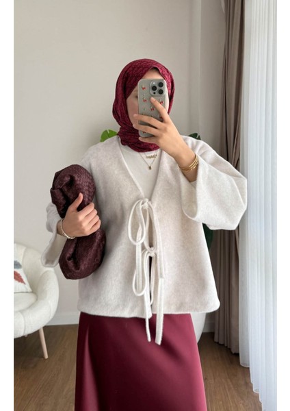 Kadın Ön Bağlamalı Fox Kumaş Kimono Ceket M25109 - Krem