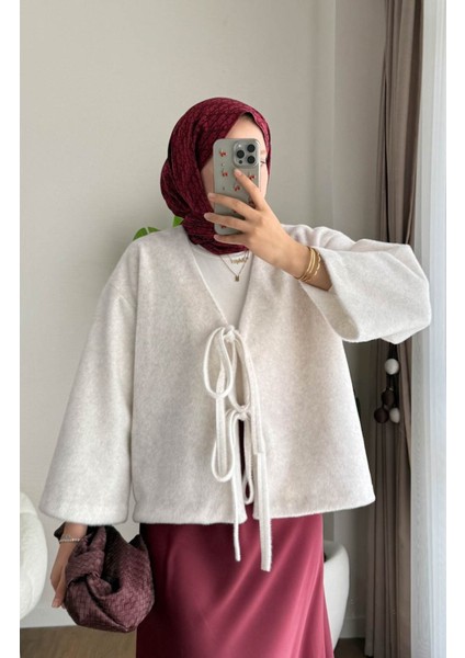 Kadın Ön Bağlamalı Fox Kumaş Kimono Ceket M25109 - Krem fiyatları