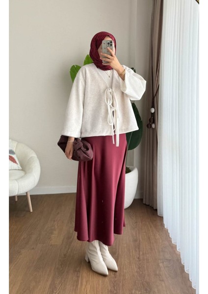 Kadın Ön Bağlamalı Fox Kumaş Kimono Ceket M25109 - Krem modelleri