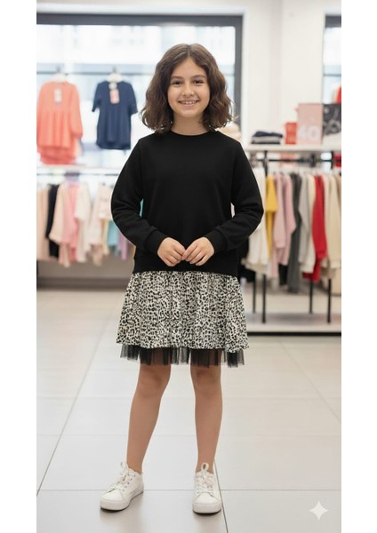 Kız Çocuk Leopar Desenli Volanlı Etek Detaylı Sweat Elbise