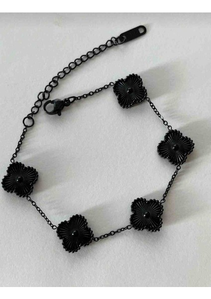 Unisex Koyu Siyah Yonca Çelik Bileklik