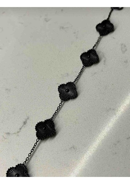 Unisex Koyu Siyah Yonca Çelik Bileklik modelleri