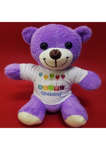 Happy Birthday Tişörtlü Peluş Mor Ayıcık