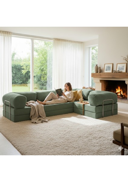 300X200 Teddy Serisi Köşe Kapali| Uzanma Modüler Koltuk | Yıkanabilir Corduroy Kumaş | Çok Fonksiyonlu Yer Yatağıyeny Fitilli