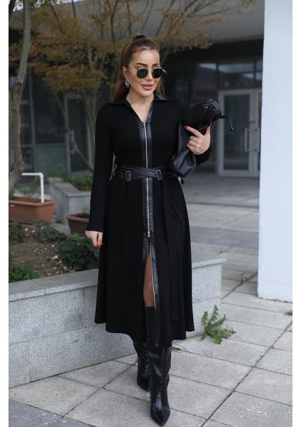 Buketli Kadın Deri Tokalı Kemer Detaylı Çift Yön Full Fermuarlı Deri Polo Yakalı Uzun Kollu Uzun Elbise