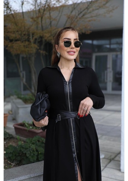 Buketli Kadın Deri Tokalı Kemer Detaylı Çift Yön Full Fermuarlı Deri Polo Yakalı Uzun Kollu Uzun Elbise fiyatları