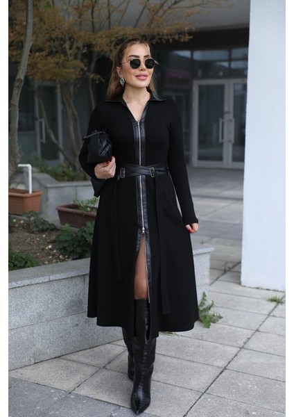 Buketli Kadın Deri Tokalı Kemer Detaylı Çift Yön Full Fermuarlı Deri Polo Yakalı Uzun Kollu Uzun Elbise modelleri