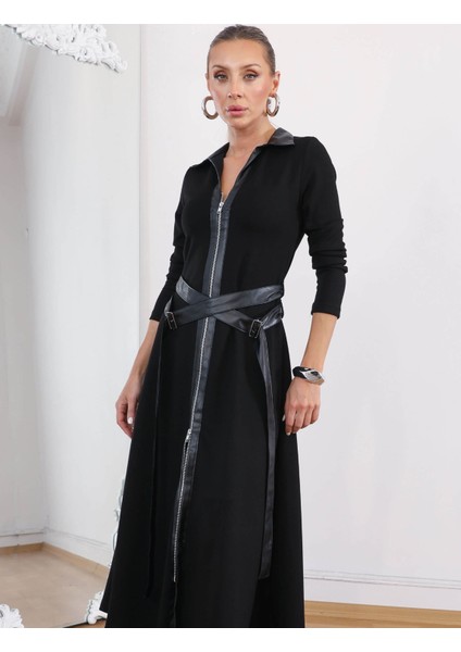 Buketli Kadın Deri Tokalı Kemer Detaylı Çift Yön Full Fermuarlı Deri Polo Yakalı Uzun Kollu Uzun Elbise indirimleri