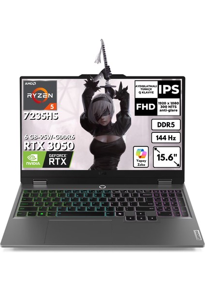 Loq 15ARP9 Ryzen 5 7235HS 20 GB 2 Tbssd RTX3050 (6GB-95W-GDDR6) 15.6" 144Hz Fhd Windows 11 Home Gaming Laptop 83JC00DYTRAT64
