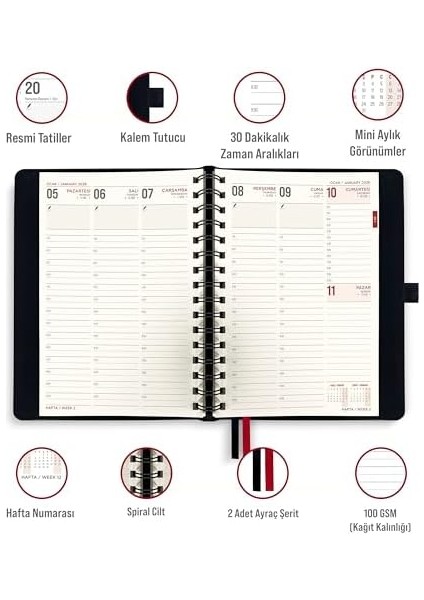 2026 Ajanda, A5 Spiralli Deri Planlayıcı, 14 Aylık Akademik Ajanda, 30 Dakikalık Zaman Aralıklı Haftalık Aylık Günlük Planlayıcı, 2 Çıkartma Sayfası, Takvim (Kasım 2025 - Aralık 2026)
