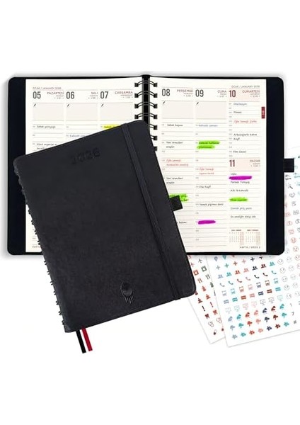 2026 Ajanda, A5 Spiralli Deri Planlayıcı, 14 Aylık Akademik Ajanda, 30 Dakikalık Zaman Aralıklı Haftalık Aylık Günlük Planlayıcı, 2 Çıkartma Sayfası, Takvim (Kasım 2025 - Aralık 2026) modelleri