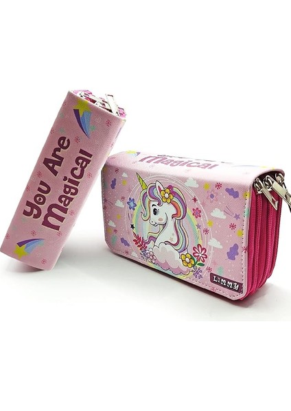 Kalem Kutusu Unicorn Bahar Temalı Kawai Organizer Kalemkutu Vegan Deri Üç Bölmeli Kalemlik- Pembe fiyatları