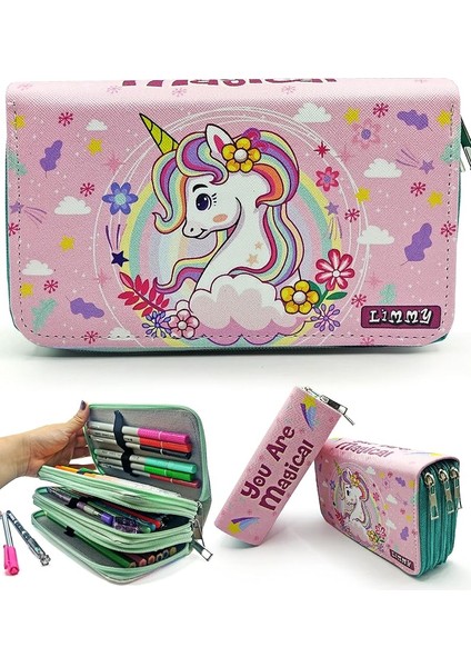 Kalem Kutusu Unicorn Bahar Temalı Kawai Organizer Kalemkutu Vegan Deri Üç Bölmeli Kalemlik- Yeşil, Limmy
