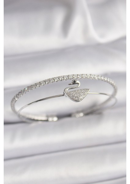 Pirinç Gümüş Renk Zirkon Taşlı Kuğu Kadın Bileklik